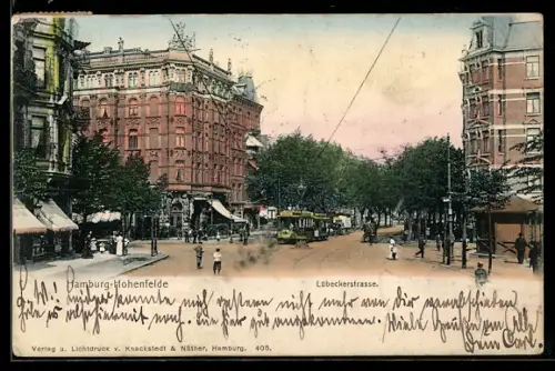 AK Hamburg-Hohenfelde, Lübeckerstrasse mit Geschäft und Strassenbahn