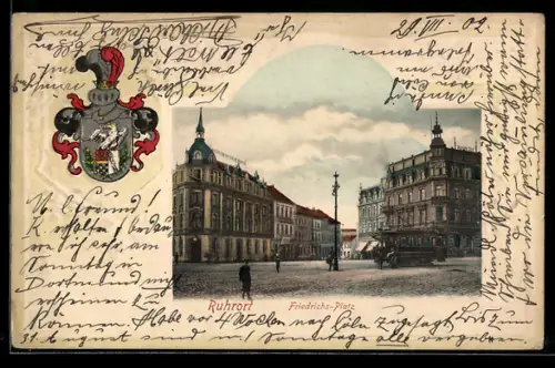 AK Ruhrort, Strassenbahn am Friedrichs-Platz mit Wappen