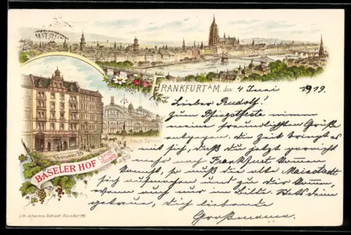 Lithographie Frankfurt a. M., Hotel Baseler Hof, Taunusstrasse 35, Hauptbahnhof, Panoramablick auf die Stadt