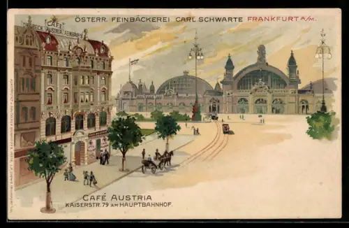 Lithographie Frankfurt, Cafe Austria, Blick zum Hauptbahnhof
