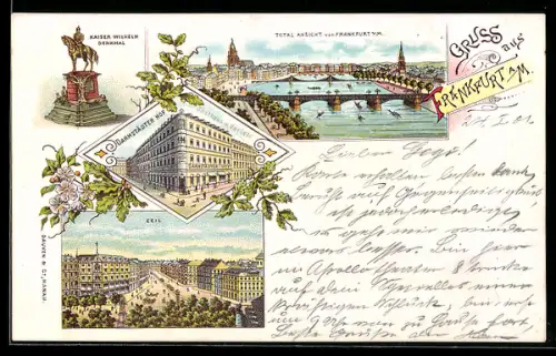 Lithographie Frankfurt a. M., Hotel Darmstädter Hof, Kaiser Wilhelm Denkmal, Zeil und Totalansicht der Stadt