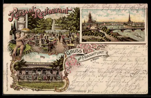 Lithographie Frankfurt-Ostend, Gesamtansicht mit Cafe-Restaurant und Terrasse