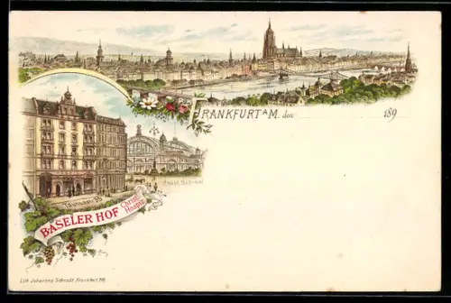 Lithographie Frankfurt a. M., Christliches Hospiz Baseler Hof, Taunusstr. 35, Teilansicht mit Kirche