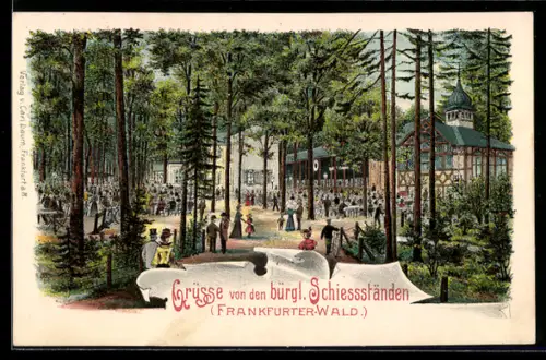 Lithographie Frankfurt-Niederrad, Gasthaus zu den Bürgerlichen Schiessständen