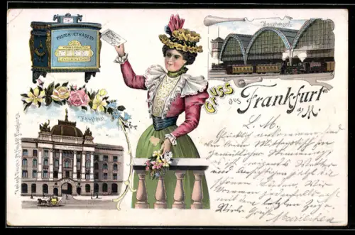 Lithographie Frankfurt a. M., Hauptbahnhof und Hauptpost, Dame wirft einen Brief in den Briefkasten