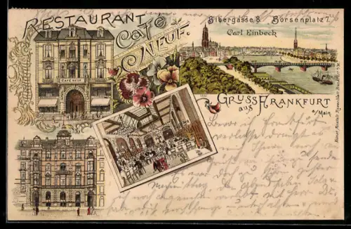 Lithographie Frankfurt, Restaurant-Café Neuf, Filialen Biebergasse 8 und Börsenplatz 7