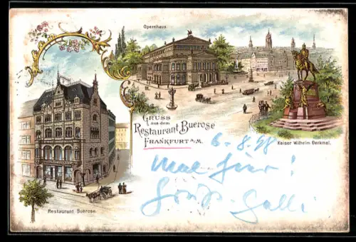 Lithographie Frankfurt /Main, Restaurant Buerose, Goethestrasse 29, Kaiser Wilhelm Denkmal, Opernhaus