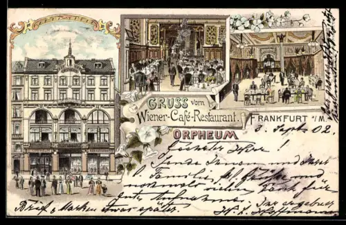 Lithographie Frankfurt, Restaurant Cafe Orpheum, Aussen- u. Innenansichten
