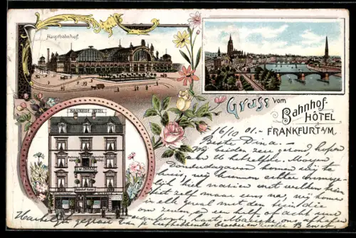 Lithographie Frankfurt, Bahnhof Hotel, der Hauptbahnhof, Gesamtansicht der Stadt