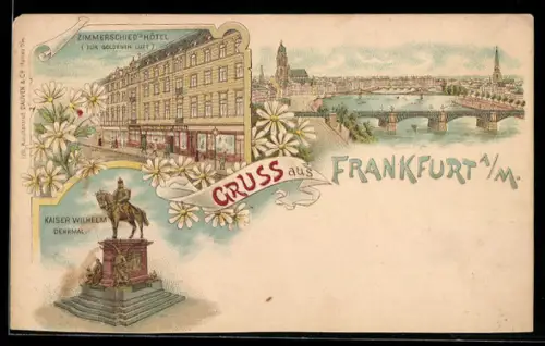 Lithographie Frankfurt a. M., Zimmerschied`s Hotel (Zur goldenen Luft), Kaiser Wilhelm Denkmal, Panoramablick