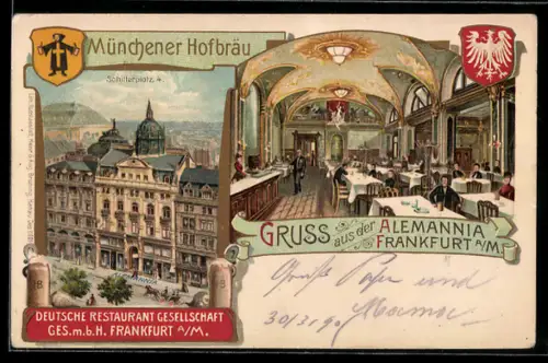 Lithographie Frankfurt /Main, Gasthaus Alemannia am Schillerplatz 4