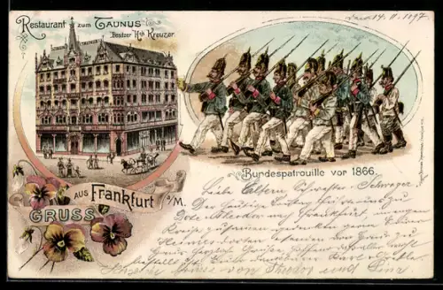 Lithographie Frankfurt /Main, Restaurant zum Taunus v. H. Kreuzer, Soldaten der Bundespatrouille vor 1866