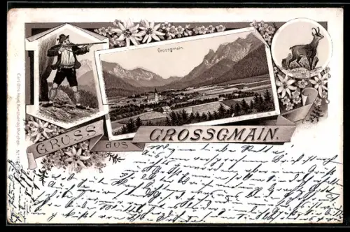 Lithographie Grossgmain, Jäger mit Gewehr zielt auf den Steinbock, Ortsansicht