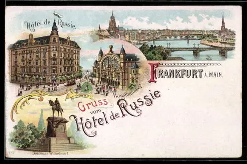 Lithographie Frankfurt a. M., Hotel de Russie, Hauptbahnhof, Denkmal Wilhelm I