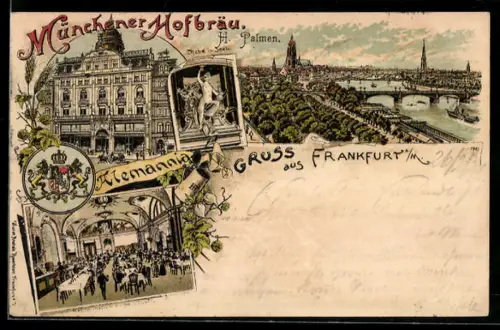 Lithographie Frankfurt /Main, Gasthof Schillerplatz mit Speisesaal und Wappen am Schillerplatz 4