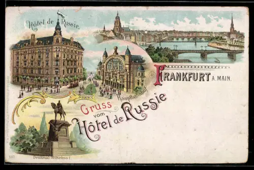 Lithographie Frankfurt a. M., Hotel de Russie, Hauptbahnhof, Denkmal Wilhelm I