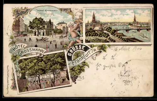 Lithographie Frankfurt a. M., Hotel Grossmann, Ortsansicht mit Fluss und Brücke