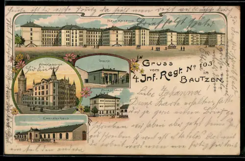 Lithographie Bautzen, Neue Kaserne, Alte Kaserne, Exerzierhaus, Wache