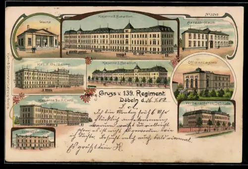 Lithographie Döbeln, 139. Regiment, Kasernen I. und II. Bataillon, Arrest-Haus, Offiziercasino, Wache