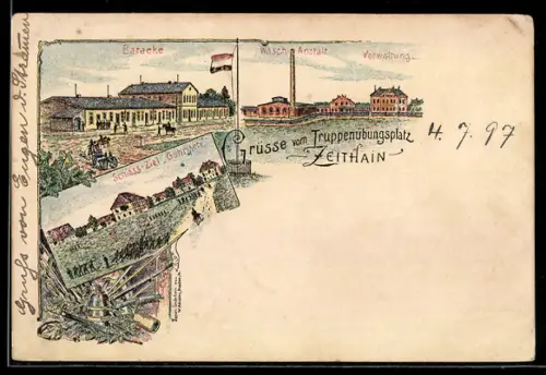 Lithographie Zeithain, Truppenübungsplatz, Soldaten beim Schiessen, Baracke und Wasch-Anstalt
