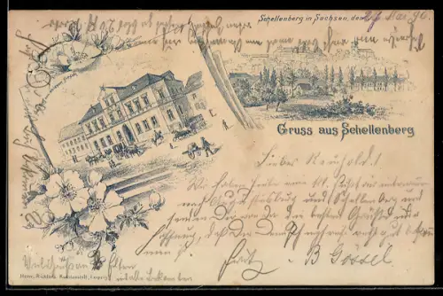 Lithographie Schellenberg /Sachsen, Gasthof zum weissen Hirsch, Ortsansicht