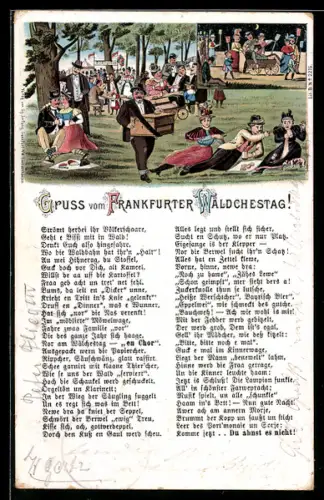 Lithographie Frankfurt, Volksfest Wäldchestag, Festwiese mit verliebten Paaren, Leierkastenspieler