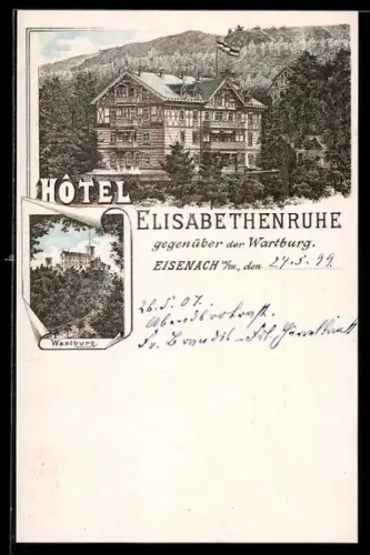 Lithographie Eisenach, Hotel Elisabethenruhe, Blick auf die Wartburg
