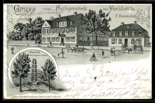 Lithographie Frankfurt-Seckbach, Restaurant zum Heiligenstock, F. Hasenstab, Obelisk im Wirtsgarten