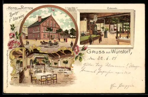Lithographie Wunstorf, Hotel zum Ritter F. Starwing, mit Innenansichten Grosser Saal und Colonnade mit Billardtisch