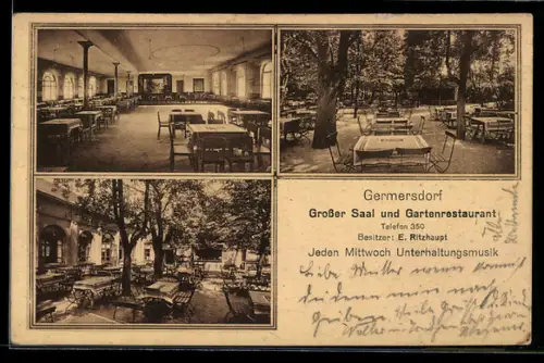 AK Germersdorf / Jaromirowice, Grosser Saal und Gartenrestaurant