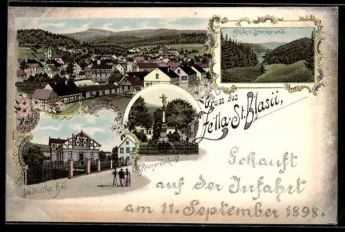 Lithographie Zella-St. Blaisii, Städtisches Bad, Kriegerdenkmal, Ortsansicht