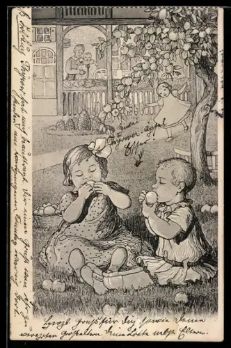 AK Hoppegarten, Zufriedene Kinder essen Obst auf einer Wiese, Jugendstil