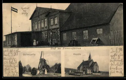 AK Sievershütten, Gasthof zur Mühle, Kappe und Gartenpartie mit Windmühle