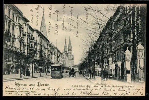 AK Berlin-Charlottenburg, Strassenbahn in der Rankestrasse, Blick nach der Kaiser Wilhelm Gedächtniskirche