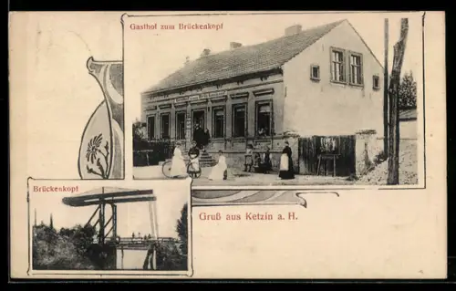 AK Ketzin a. H., Gasthof zum Brückenkopf, Blick zum Brückenkopf