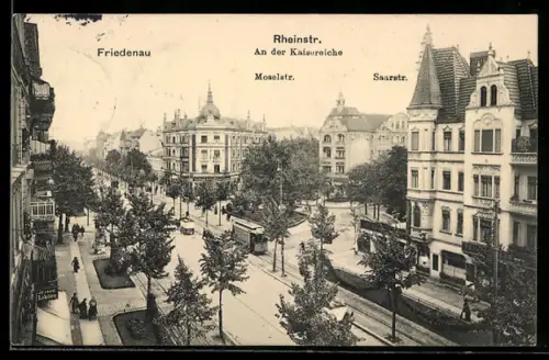 AK Berlin-Friedenau, Rheinstrasse an der Kaisereiche mit Geschäften, Moselstrasse und Saarstrasse, Strassenbahn