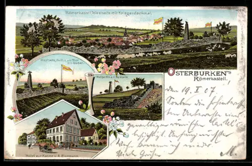 Lithographie Osterburken, Hotel zur Kanne, Römerkastell, Westseite m. Kriegerdenkmal, Parthie a. Thor m. Graben