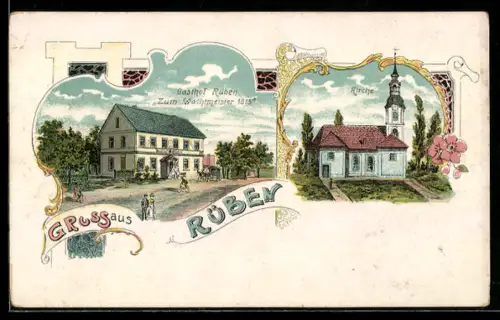Lithographie Rüben, Der Gasthof Zum Wachtmeister 1813, die Kirche