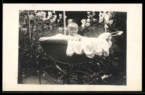 Foto-AK Lachendes Kleinkind im Kinderwagen in einem Garten