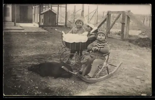 Foto-AK Zwei kleine Mädchen mit Puppe im Kinderwagen, Schaukelstuhl und Hund in einem Garten, 1926
