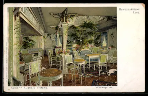 Lithographie Passagierschiff Kaiserin Auguste Victoria der Hamburg-Amerika-Linie, Wintergarten