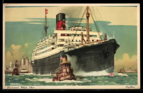 Künstler-AK Passagierschiff Scythia der Cunard White Star Line vor dem Hafen von New York