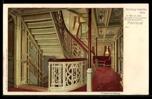 Lithographie Passagierschiff Patricia der Hamburg-Amerika Linie, Treppenaufgang
