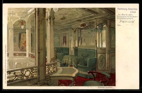 Lithographie Passagierschiff Patricia der Hamburg-Amerika Linie, Damensalon, Innenansicht