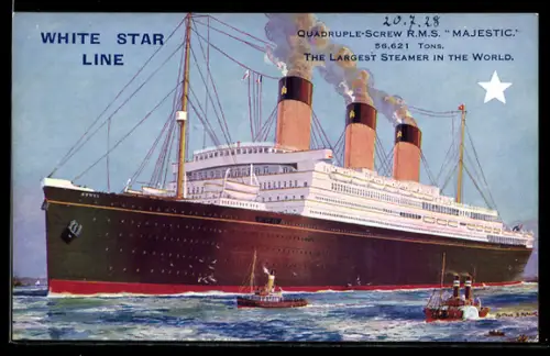 AK Passagierschiff R.M.S. Majestetic der White Star Line in Begleitung von Raddampfer