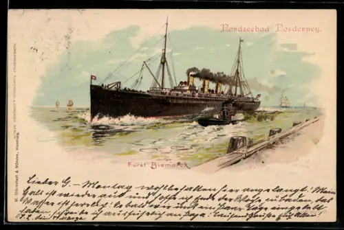 Lithographie Passagierschiff Fürst Bismarck vor dem Nordseebad Norderney