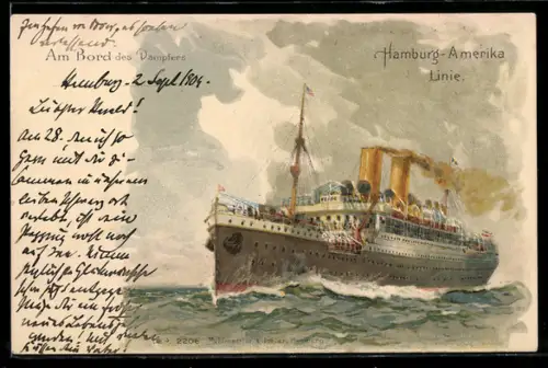 Lithographie Dampfer der Hamburg-Amerika-Linie in voller Fahrt