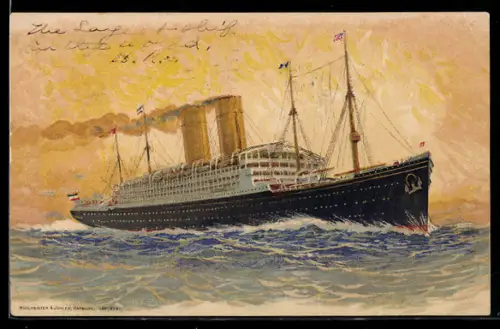 Lithographie Passagierschiff Amerika der Hamburg-Amerika Linie auf hoher See