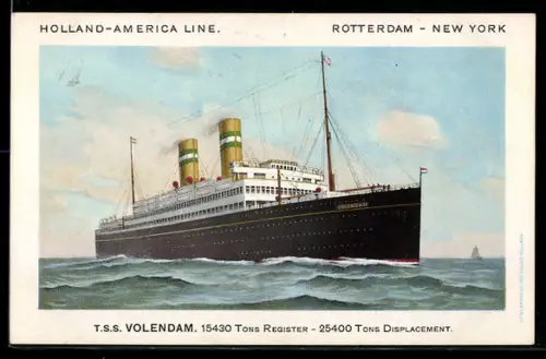 AK Passagierschiff T.S.S. Volendam der Holland-Amerika Linie auf See