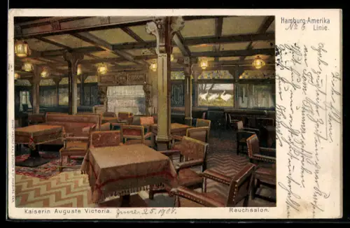 Lithographie Passagierschiff Kaiserin Auguste Victoria der Hamburg-Amerika-Linie, Innenansicht des Rauchsalons